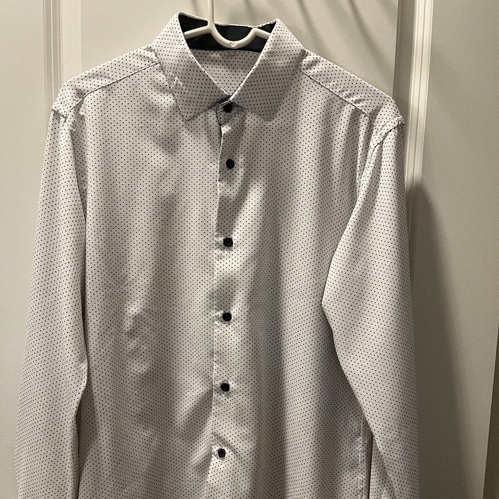 State and Liberty "The Tatar" Black Polka Dot Men's Athletic Dress Shirt; Large